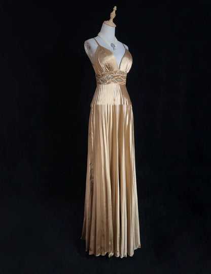 Classy Prom Dresses A Line Spaghetti Strap Gold Satin With Ruffle Beading Long Formal Gown N2900