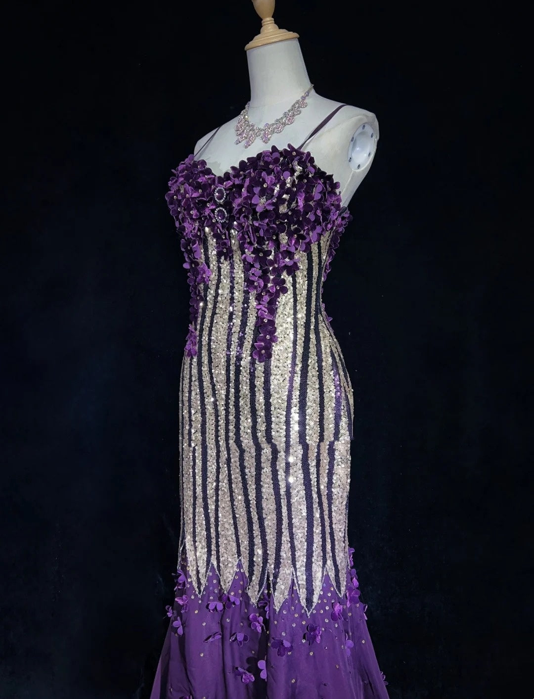 Glitter Prom Dresses Mermaid Spaghetti Strap Purple Chiffon With Flowers Long Formal Evening Dress N3893