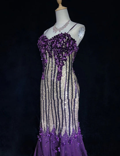 Glitter Prom Dresses Mermaid Spaghetti Strap Purple Chiffon With Flowers Long Formal Evening Dress N3893