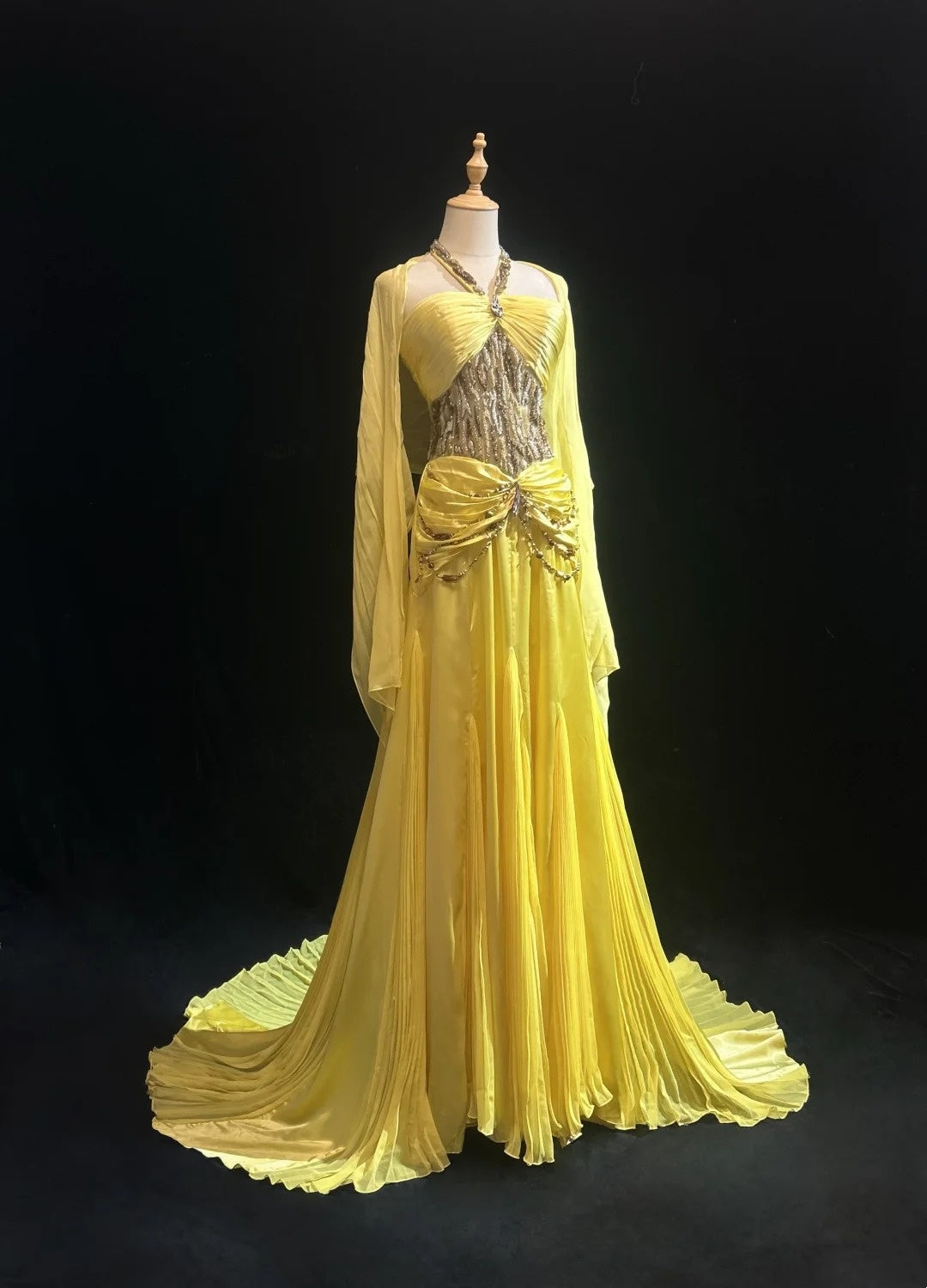 Vintage Prom Dresses A Line Halter Yellow 70s With Beading Chiffon Long Formal Party Dress N2526