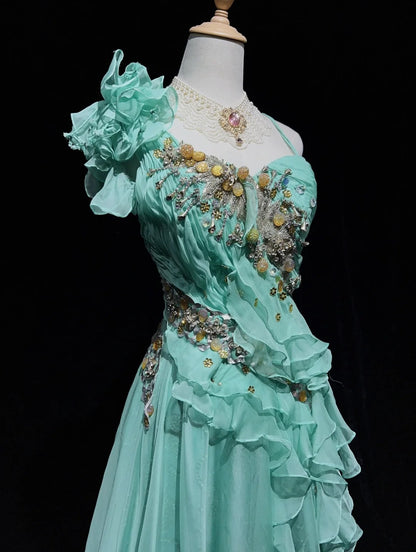 Vintage Prom Dresses A Line One Shoulder Mint Green 70s With Ruffles Chiffon Long Formal Party Dress N2525