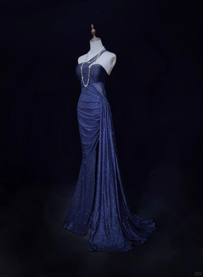 Vintage Prom Dresses 90s Mermaid One Shoulder Navy Blue Sequined Backless Long Evening Outfits N3140