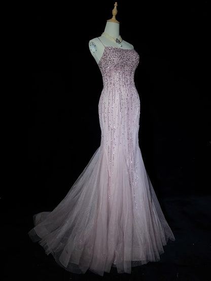 Timeless Prom Dresses Mermaid Spaghetti Strap Light Pink Tulle With Beading Backless Long Evening Outfits N3233