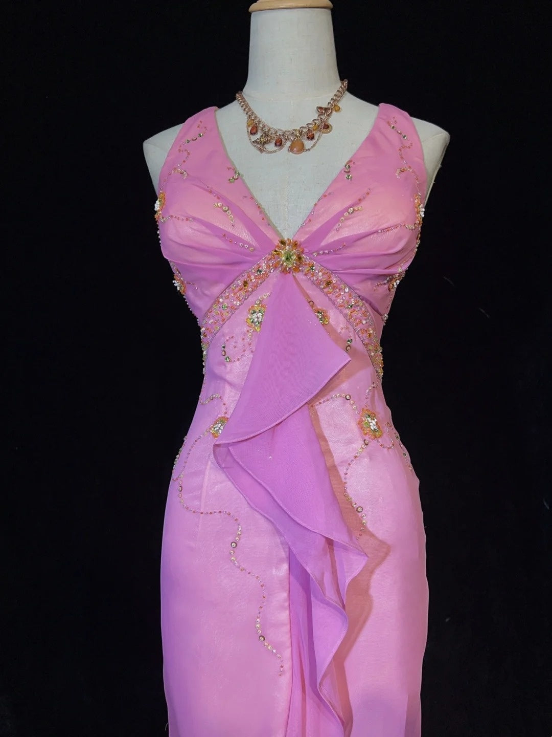Modest Prom Dresses Inspo Mermaid V Neck Pink Chiffon With Ruffled Beading For Women Formal Dress N3231