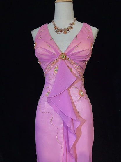 Modest Prom Dresses Inspo Mermaid V Neck Pink Chiffon With Ruffled Beading For Women Formal Dress N3231