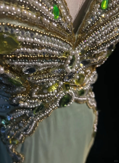 Elegant Chic Prom Dresses Mermaid Halter Green Satin Backless Sleeveless With Beading Semi Formal Evening Gowns N3799