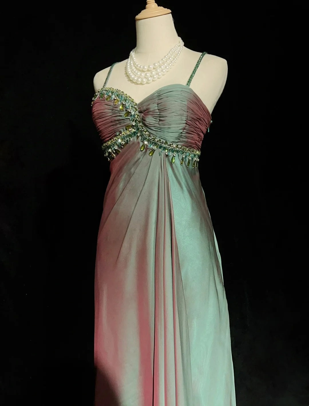Vintage Prom Aesthetic Dresses A Line Spaghetti Strap Green Chiffon Long Formal Dress N3017