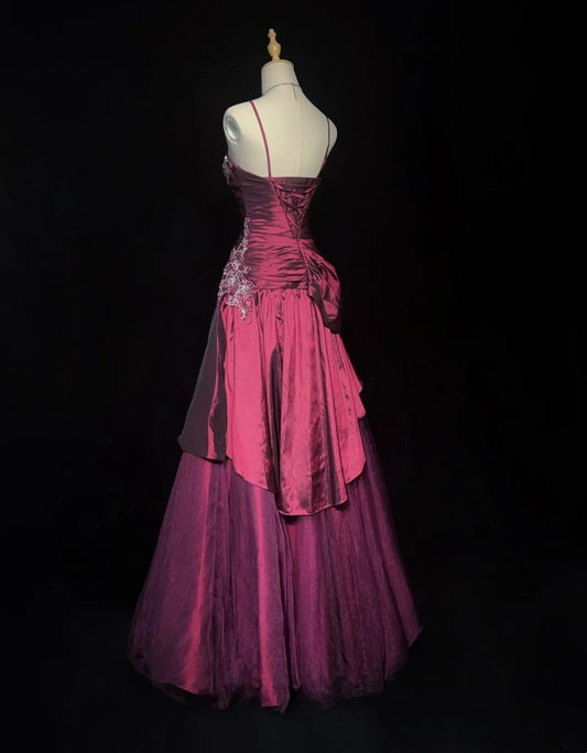 Vintage Prom Dresses Ball Gown Spaghetti Strap Fuchsia Sleeveless Taffeta 90s Long Formal Gown N2878