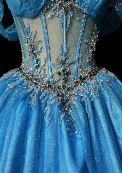 Princess Ball Gown Off The Shoulder Blue Tulle With Appliqued Lace Sweet 16 Dresses Quinceanera Dress RB3289