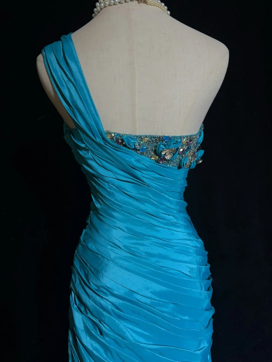 Vintage Prom Dresses Mermaid One Shoulder Retro Style Blue Taffeta With Beaded 90s Long Evening Gown N2905