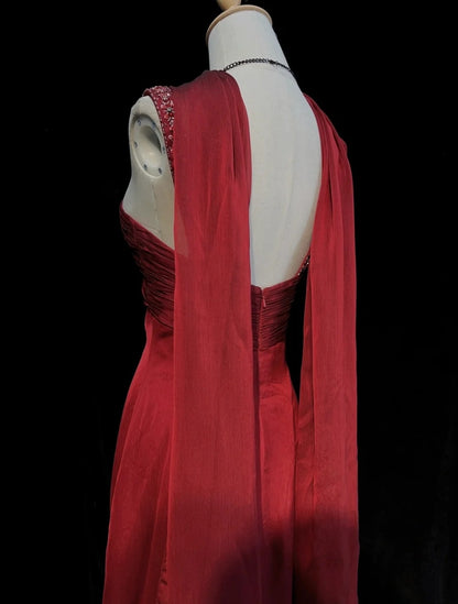 Elegant Prom Dresses A line Jewel Neck Burgundy Chiffon With Cape Beaded Sleeveless Long Formal Gown N2885