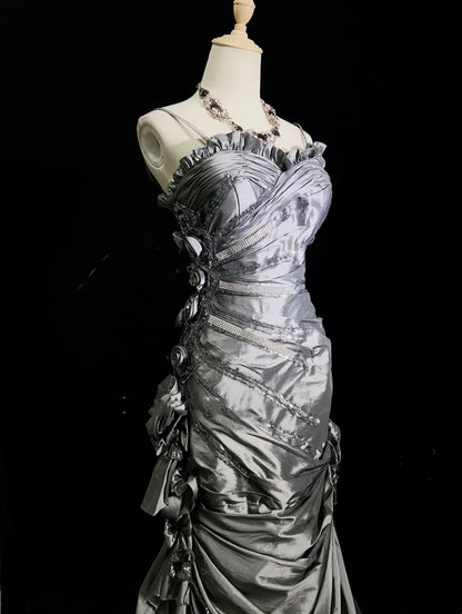 Modest Prom Dresses Mermaid Spaghetti Strap Grey Satin With 3D Flowers Formal Outfits N3653