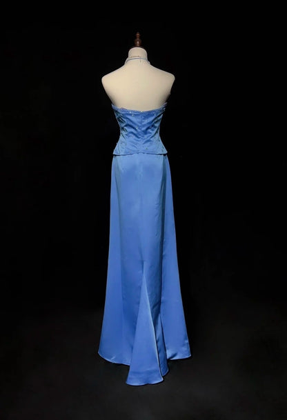 Vintage Prom Dresses A Line Halter Blue Satin With Beading Long Formal Dress N2461