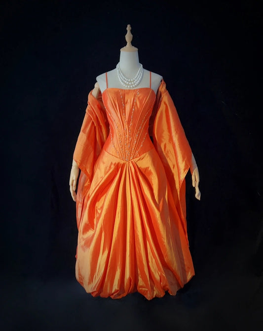 Timeless Prom Dresses Ball Gown Spaghetti Strap Orange Taffeta With Beading Cape Evening Outfits N3239