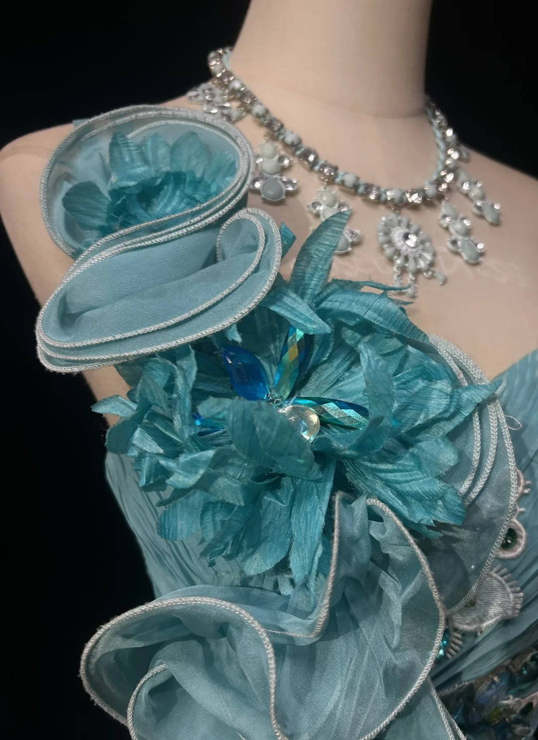 Modest Prom Dresses Mermaid One Shoulder Blue Tulle Lace Sleeveless With Ruffled Formal Evening Dress N3833
