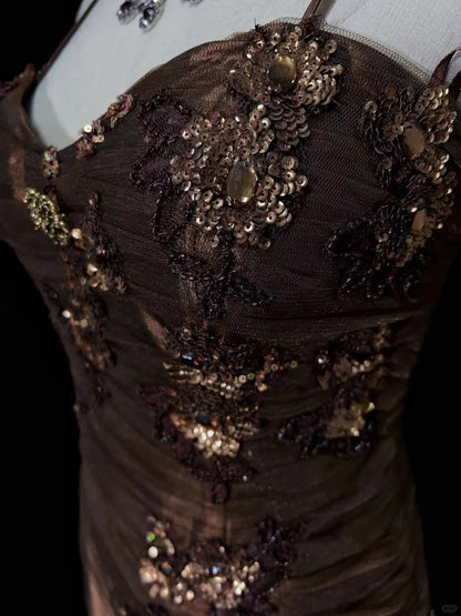 Modest Prom Dresses A line Spaghetti Strap Brown Satin Sleeveless Long Formal Evening Outfits N3639