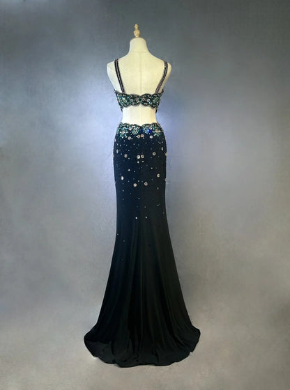 Vintage Prom Dresses Mermaid Scoop Black Split Slit With Beading 1970s Long Formal Gown N2611