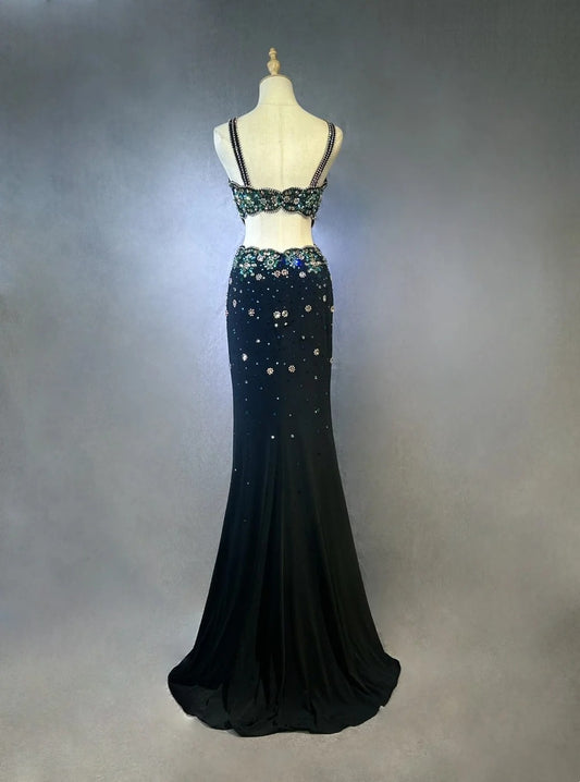 Vintage Prom Dresses Mermaid Scoop Black Split Slit With Beading 1970s Long Formal Gown N2611