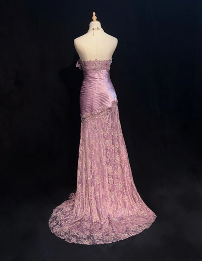 Elegant Prom Dresses Mermaid Sweetheart Lilac Tulle Lace With Beaded Long Formal Gown N2909