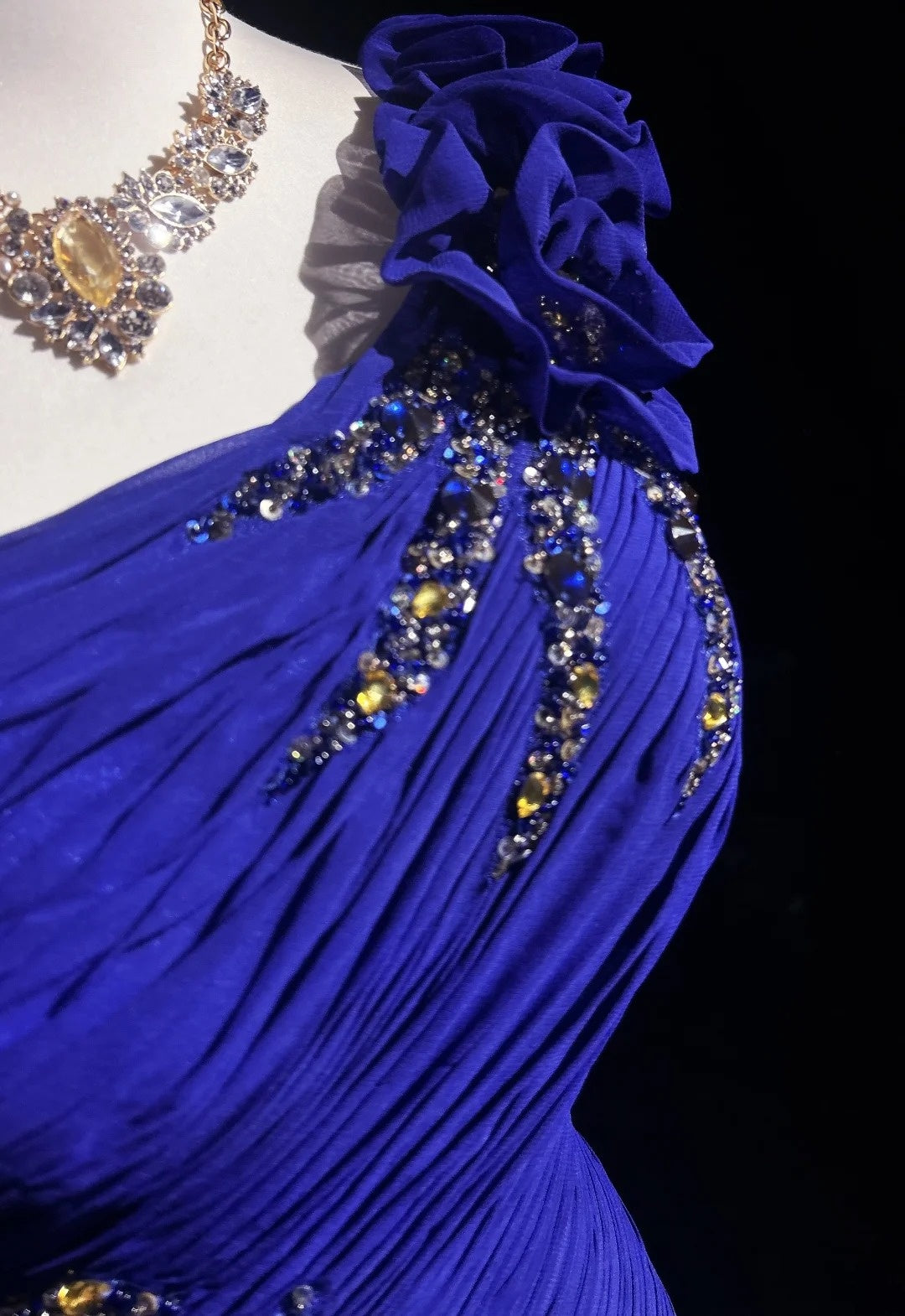 Vintage Prom Dresses Mermaid One Shoulder Royal Blue Chiffon With Beading 3D Flowers Long Formal Dress N2458