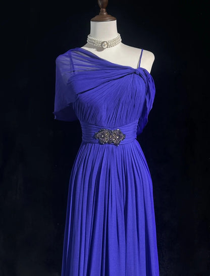 Vintage Prom Dresses A line Spaghetti Strap Royal Blue 90s With Ruffles Beading Long Formal Party Dress N2506