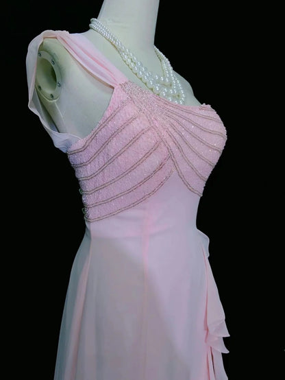 Vintage Prom Dresses 80s Mermaid One Shoulder Pink Chiffon Sleeveless With Beading Semi Formal Evening Outfits N3620