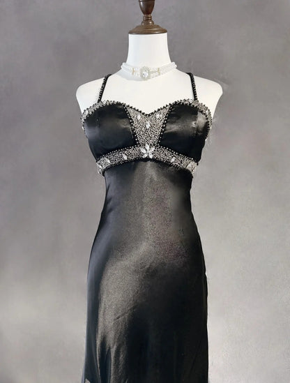 Vintage Prom Dresses Mermaid Spaghetti Strap Black Satin 90s With Ruffles Beading Long Formal Party Dress N2510