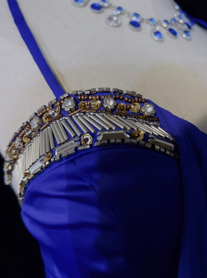 Vintage Prom Dresses Mermaid Spaghetti Strap Royal Blue 70s With Beading Long Formal Party Dress N2516
