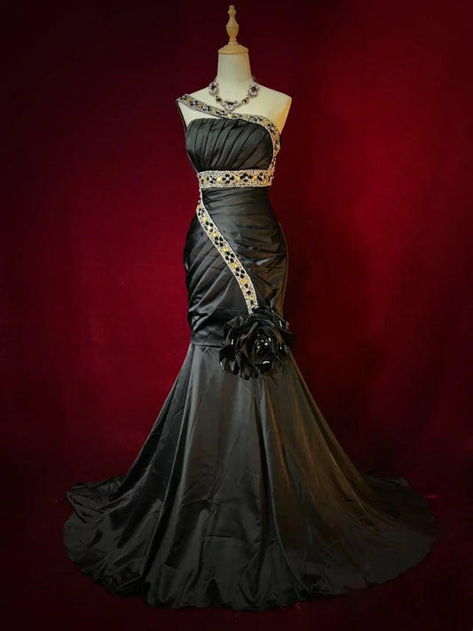 Vintage Prom Dresses Mermaid One Shoulder Black Tie Satin 80s With Beading Long Formal Evening Outfits N3905