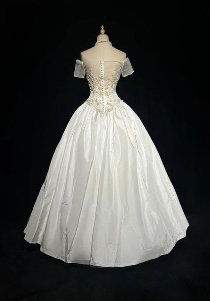Princess Satin Off Shoulder White With Pearls Sweet 16 Dress Ball Gown Formal Party Sweet Sixteen Dress RC0112
