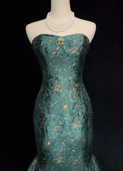 Classy Prom Dresses Mermaid Sweetheart Dark Green Floor Length Lace Satin Formal Evening Dress N3707