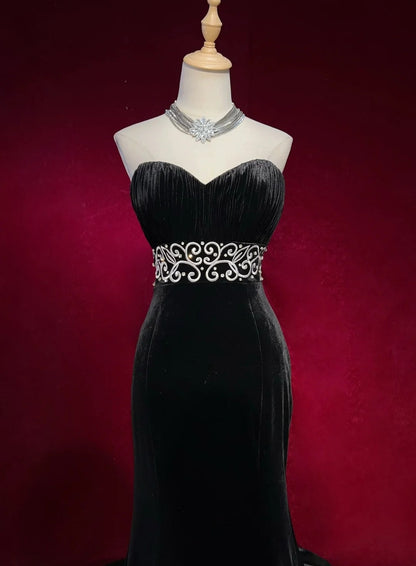Glamorous Prom Dresses Mermaid Sweetheart Black Tie Dress Velvet With Embroidery Formal Dress N2883