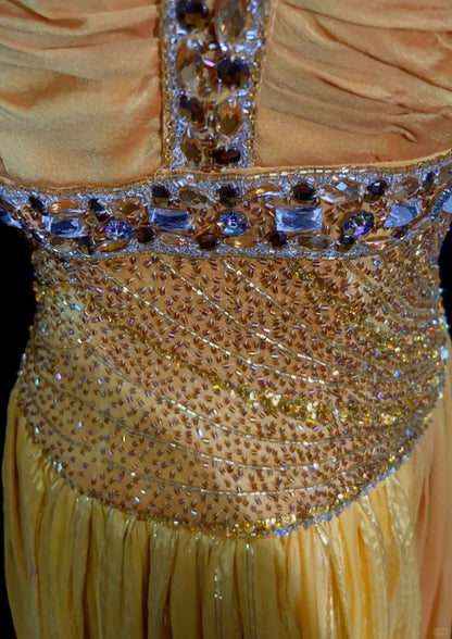 Vintage Prom Dresses A Line Square Neck Yellow Pleated 70s With Beads Formal Gown N2535