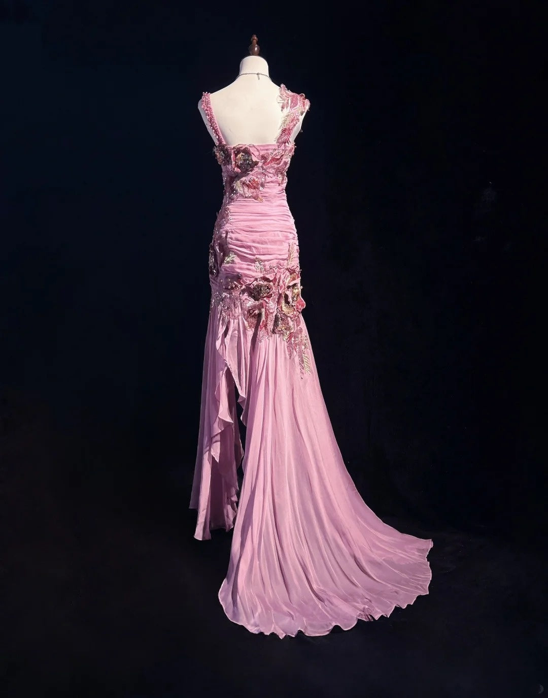 Elegant Sheath Spaghetti Strap Pink Chiffon With Beaded Bodice Formal Dress High Low Prom Dresses N2736