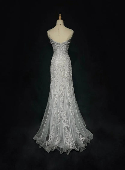 Dreamy 90s Prom Dresses Mermaid Spaghetti Strap Grey With Lace Formal Evening Outfits N3829