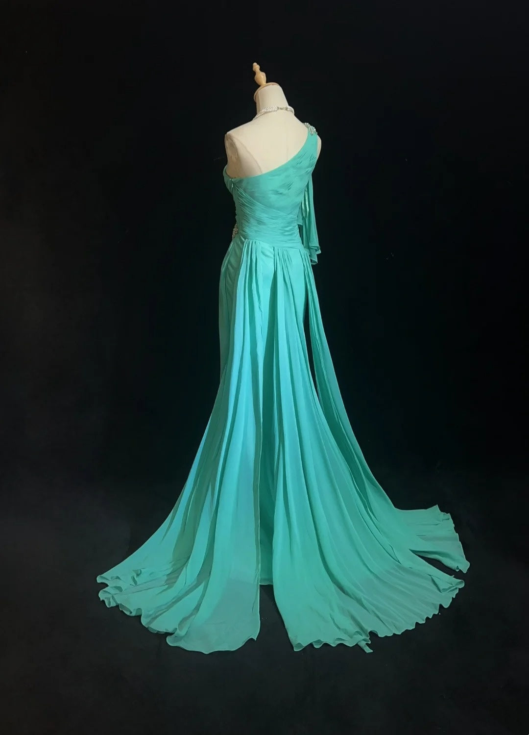 Vintage Prom Dresses Mermaid One Shoulder Blue Chiffon 80s Long Formal Gown N2758