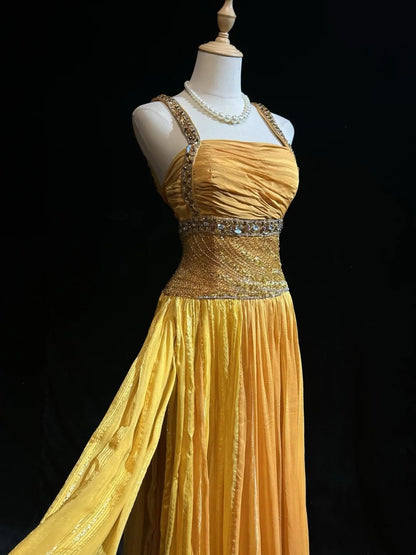 Elegant A line Square Yellow With Beading 18th Birthday Elegant Outfit Formal Prom Dresses N4198