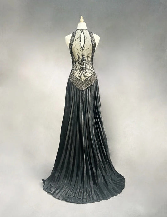 Vintage Prom Dresses A line V Neck Black Tie Dress Beaded 90s Long Formal Evening Gown N2652