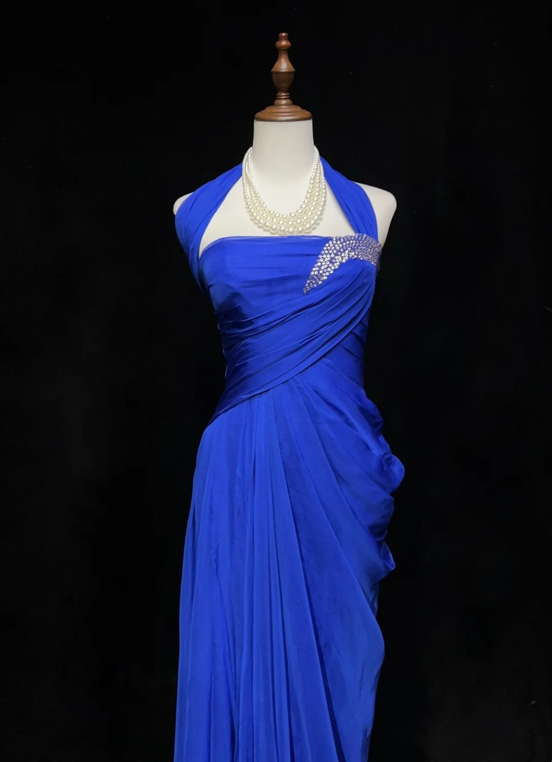 Vintage Prom Dresses 90s Sheath Halter Royal Blue Chiffon Long With Beading Evening Outfits N3137