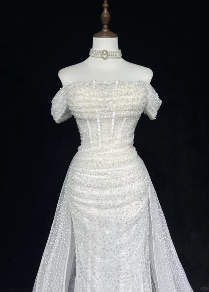 Unique Wedding Dresses Mermaid Off The Shoulder Sequin With Ruffled White Long Bridal Gown N3619