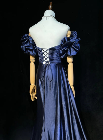 Vintage Prom Dresses Mermaid Sweetheart Navy Blue Satin With Beaded Sleeves 90s Long Formal Evening Gown N2657