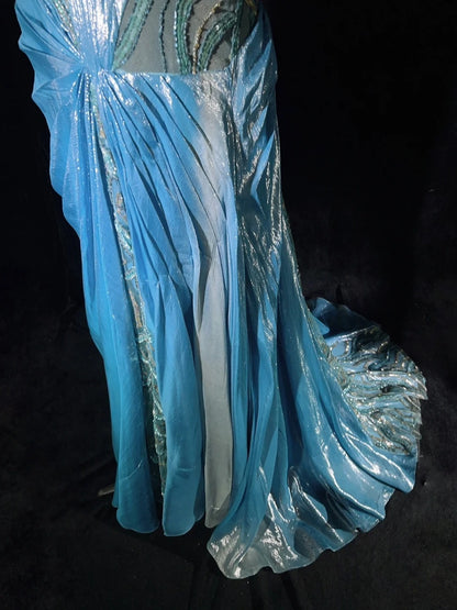 Vintage Prom Dresses Inspo Mermaid Straps Blue Sequined Long 1990s With Flower Formal Gowns N3355