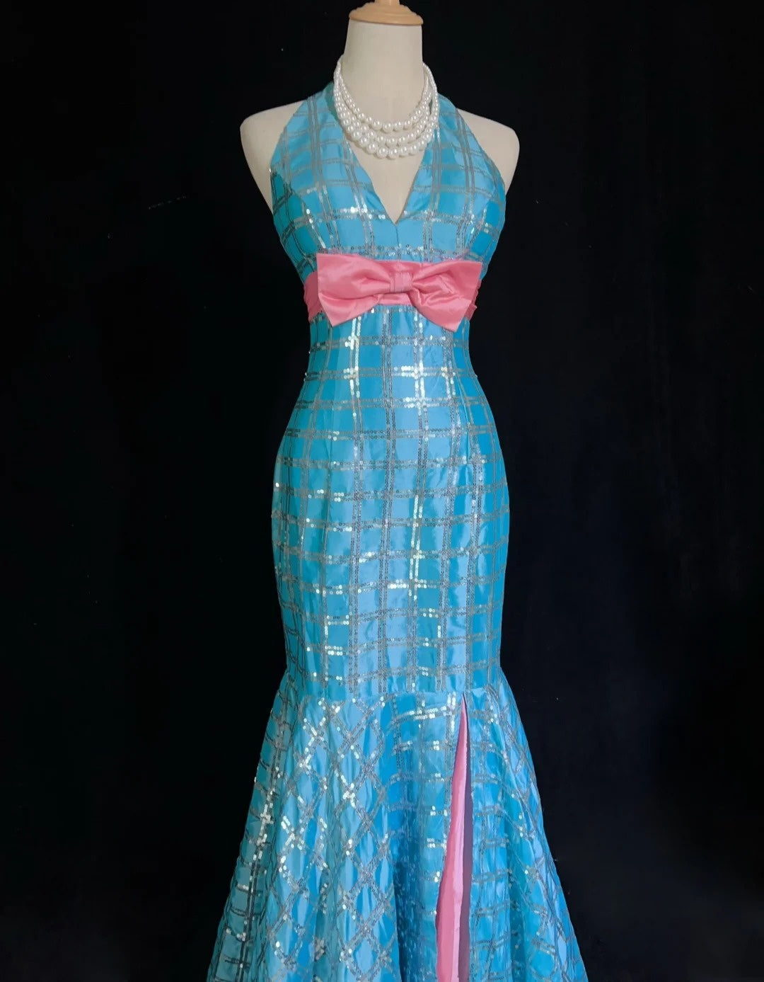 Vintage Prom Dresses Mermaid V Neck Blue Sequin Sleeveless 1980s Long Formal Gown N2866