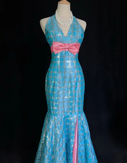 Vintage Prom Dresses Mermaid V Neck Blue Sequin Sleeveless 1980s Long Formal Gown N2866