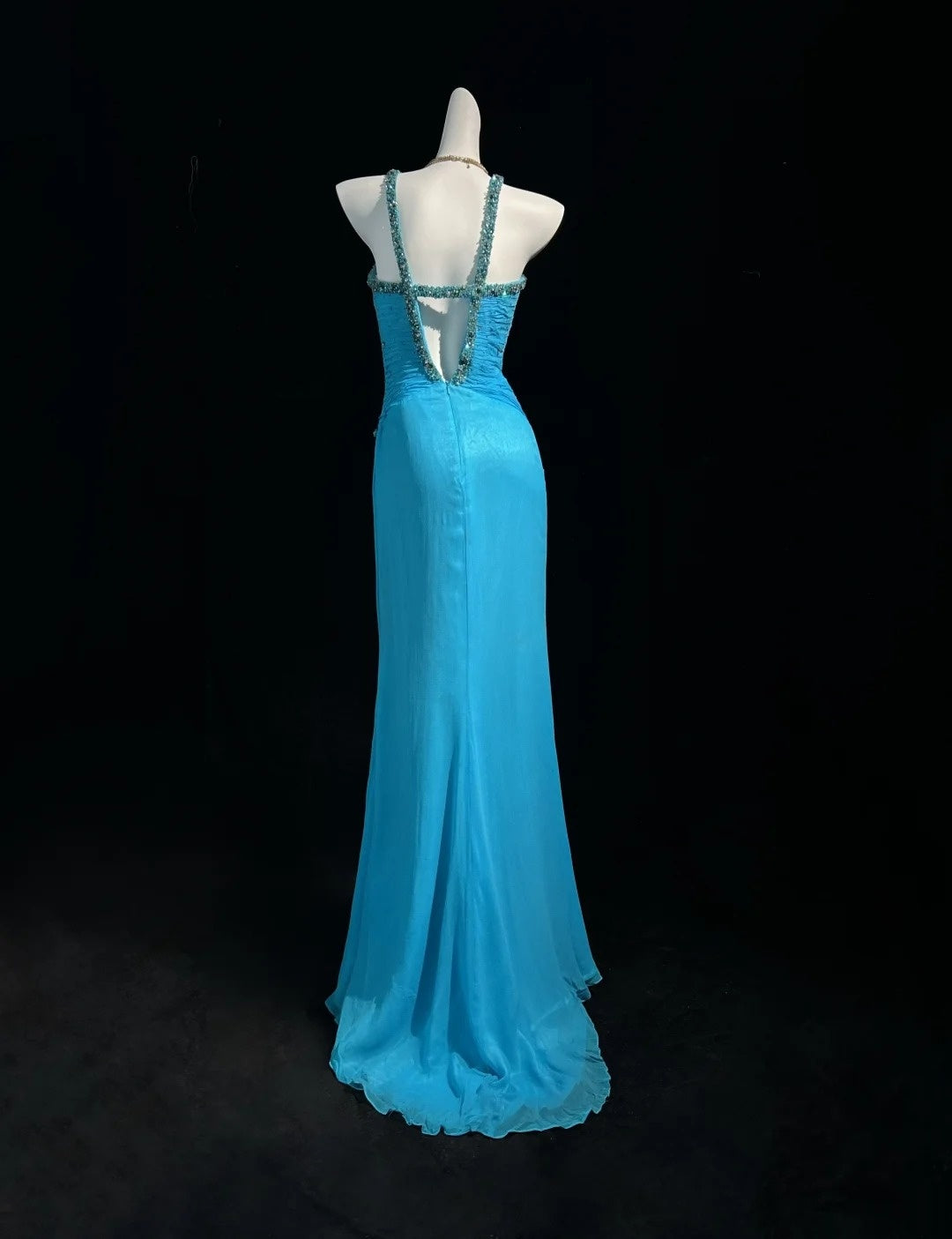 Vintage Prom Dresses Mermaid Halter Blue Chiffon 80s With Beading Long Formal Evening Outfits N4201