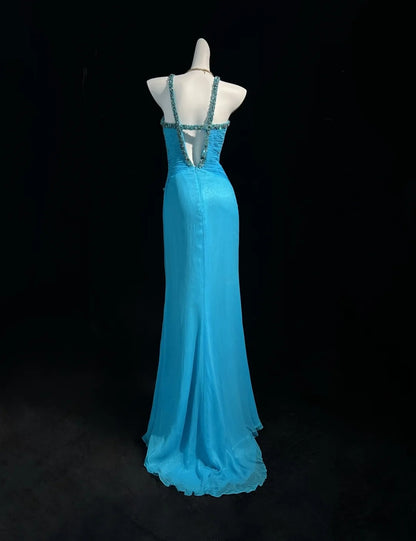 Vintage Prom Dresses Mermaid Halter Blue Chiffon 80s With Beading Long Formal Evening Outfits N4201