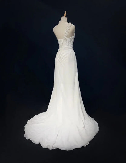 Unique Wedding Dresses Mermaid One Shoulder White Chiffon With Beading Summer Garden Long Bridal Gown N3679