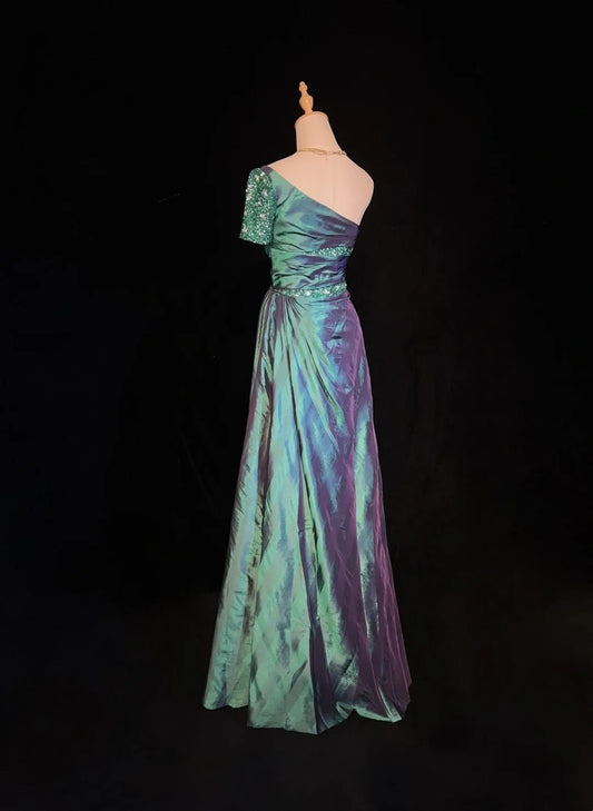 Modest Prom Dresses Mermaid One Shoulder Blue Satin With Beaded Long Evening Outfits N3467