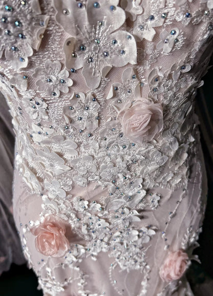 Vintage Prom Dresses Inspo Mermaid Scoop Pink Lace 1990s With Flowers Cape Formal Gowns N3317