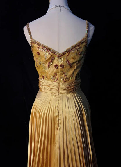 Vintage Prom Dresses A Line Spaghetti Strap Gold Satin With Ruffles Beading Long Formal Dress N2501